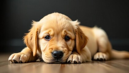Golden retriever puppy lies down, ears flopped , fur, pet portrait, image