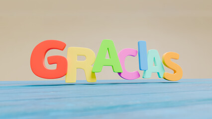 Thank you text in different colors on a blue wooden table, thank you phrase, 3D illustration