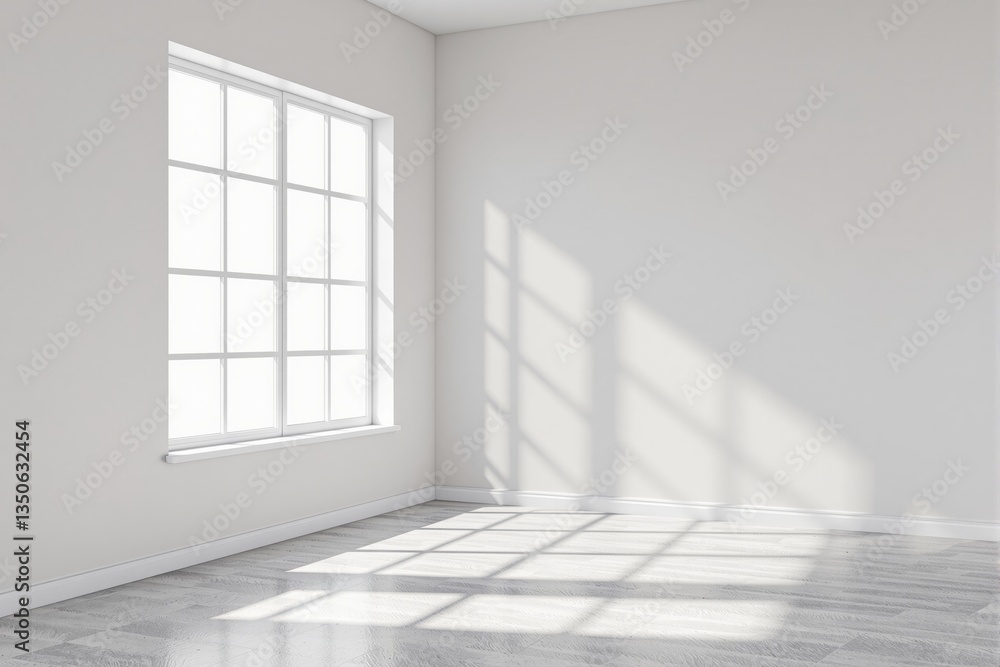 Aufkleber Bright empty room with large window casting soft shadows on white walls and floor.