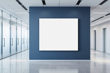 Blank white canvas on blue wall in modern office interior.