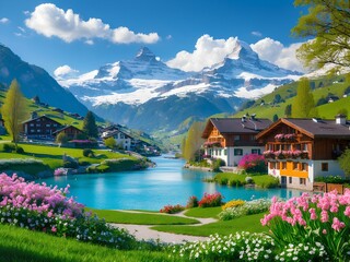 Fototapeta premium A Spectacular Swiss Spring: Vibrant Blooms and Lush Greenery Unfold Beneath the Majestic Snow-Capped Alps, Creating a Serene and Breathtaking Landscape of Pure Natural Beauty