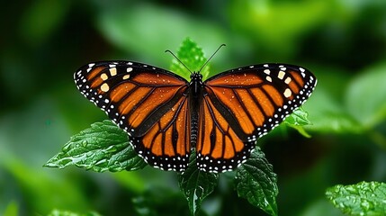 Fototapeta premium Monarch Butterfly with Vibrant Orange and Black Wings Resting on Green Leaves in Nature