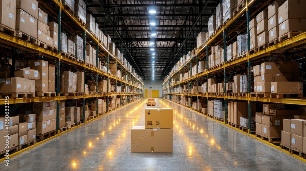 Poster secure blockchain technology overlaying a busy distribution center in china, improving transparency.