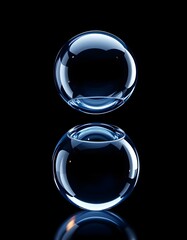 3D Abstract Glass Spheres in Balance It showcases two perfectly smooth and reflective glass spheres, suspended with a clean and minimalist aesthetic against a dark background