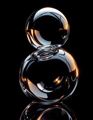 3D Abstract Glass Orbs It showcases two smooth, interconnected glass spheres with striking reflections, set against a dark background