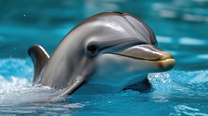 Naklejka premium Close-up of a dolphin in water. Dolphin's head and upper body are visible, exhibiting smooth, grey skin. The water is a vibrant blue