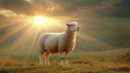 Fototapeta premium Sheep standing in the misty morning fields, with sun rays piercing through the clouds.