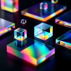 3D Abstract Glass Shapes with Rainbow Reflections It features an assortment of colorful glass cubes and rectangular prisms, illuminated with vibrant reflections against a dark background