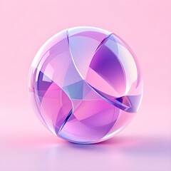 3D Abstract Crystal Sphere with Geometric Cuts It depicts a translucent, faceted crystal sphere with a soft purple gradient and sharp geometric separations, set against a pastel pink background