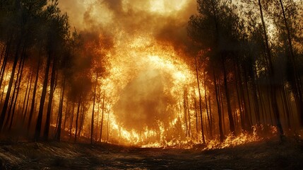Fototapeta premium Burning forest shows a fiery inferno of trees and flames intensely ablaze