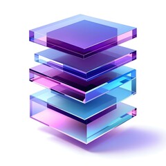 3D Abstract Glass Stacked Layers It features several stacked, translucent glass layers with vibrant purple and blue gradients, creating a sleek and modern visual effec