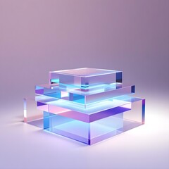 3D Abstract Glass Blocks Stacked in Layers It features a series of vibrant glass blocks with a gradient of purple and blue hues, stacked in a sleek, modern arrangement against a soft background