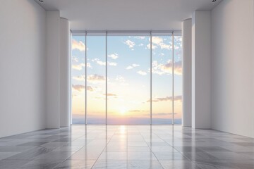 Fototapeta premium Modern interior with large glass windows and scenic sunset view.