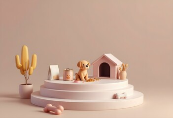 A charming, minimalist scene featuring a playful puppy surrounded by its house, treats, and accessories, creating a cozy and inviting atmosphere