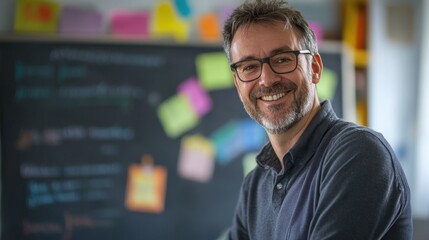 Smiling adult male educator in front of a chalkboard with colorful sticky notes and classroom materials promoting creativity and learning in an engaging environment