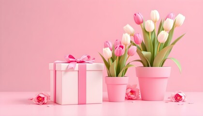 pink tulips in gift box