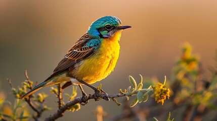 Fototapeta premium Sulphur bellied flycatcher perched a branch intricate streaked yellow and brown plumage glowing in soft morning sunlight crisp professional sharpness