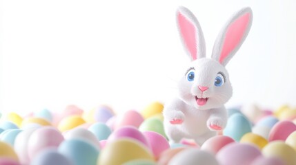 Cute Easter Bunny Among Colorful Eggs in Bright Space