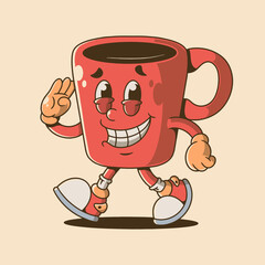 Cheerful Cartoon Coffee Mug Character with Shoes and Friendly Gesture