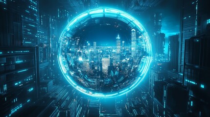 Obraz premium Futuristic Dome with Holographic Cityscape: Immersive 3D Digital Art Rendering