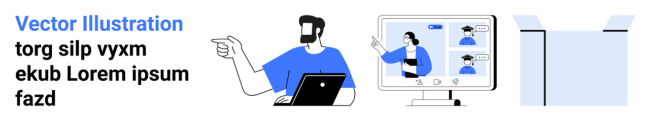 Man with laptop pointing at monitor showing virtual meeting. Ideal for remote teamwork, digital communication, modern workplace, online learning, webinars, networking events, flat landing page banner