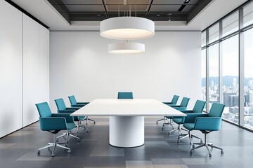 Modern conference room with large table and blue chairs.