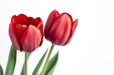 Fototapeta premium Red Tulips Isolated on White Background, Close-Up Macro Photography with Text Space