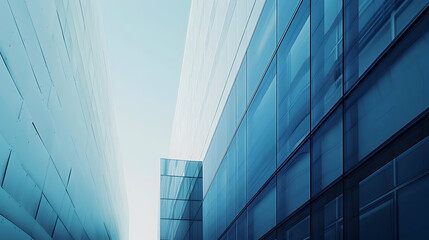 Modern urban architecture featuring glass buildings reflecting light in a serene cityscape