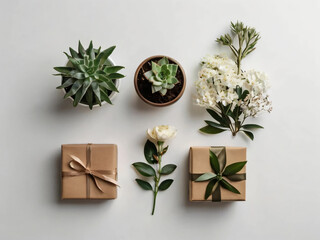 Gifts and flowers are arranged on a plain background.