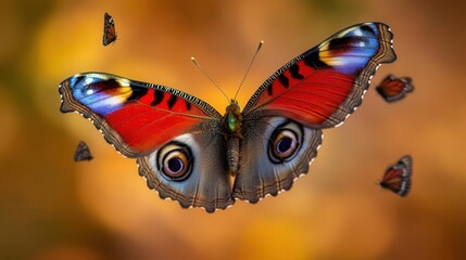 Vibrant Butterfly with Colorful Wings in Mid-Flight Against a Soft Blurred Background