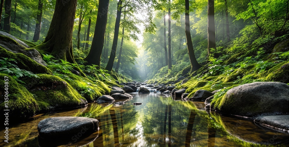 Poster tranquil forest stream flowing between moss-covered rocks, surrounded by lush green trees with sunli