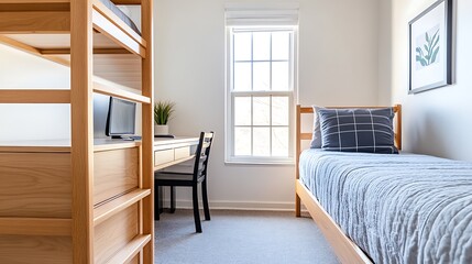 Fototapeta premium Modern Bedroom Design Twin Bed Desk Built in Shelves