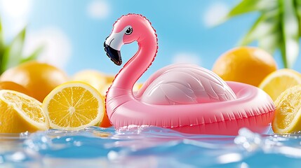 Obraz premium Pink Flamingo Pool Float with Lemons and Oranges