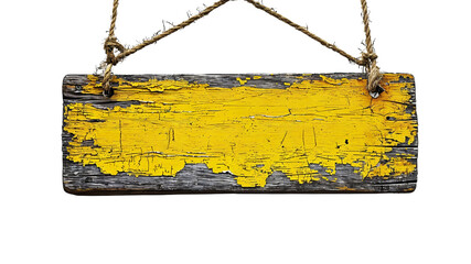 yellow wooden sign with rope, isolated on black
