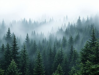 Obraz premium Lush green pine trees in a foggy forest landscape, creating a serene and mysterious atmosphere. The mist rolls over the treetops, adding depth. Ai generative