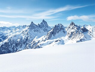 Fototapeta premium Snow-covered mountain peaks under a bright blue sky with wispy clouds. The pristine white slopes contrast with rugged rocky peaks. Ai generative