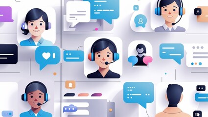 Customer Support Interface Icon, Virtual Customer Support Team with Live Chat Interface and Communication Icons