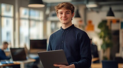 Young man in a stylish shirt holds a laptop and smiles confidently in a modern office environment full of natural light and contemporary design elements.