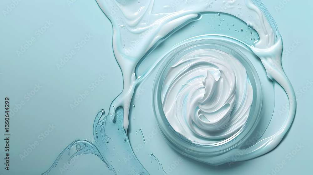 Poster Swirling cream texture on a soft blue background, creating an artistic and calming visual effect