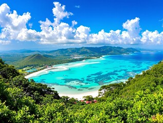 Breathtaking tropical beach with turquoise waters, green hills, and distant mountains under a bright blue sky with white clouds, creating a stunning nature wallpaper. Ai generative