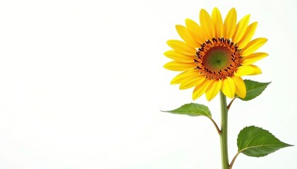 Obraz premium A single, large sunflower on a white background, tall, blossom