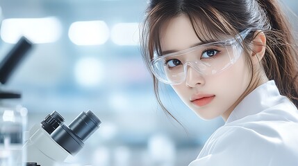 Obraz premium Young Scientist Woman in Lab Coat Using Microscope