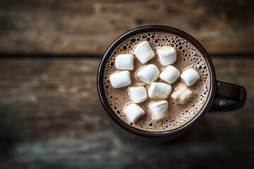 Rustic Wooden Tabletop with Dark Mug of Hot Chocolate and Mini Marshmallows