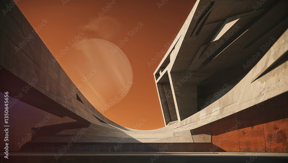 Poster modern architectural structures against an orange sky with a large celestial body in the background