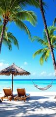 Obraz premium Idyllic tropical beach with palm trees, hammock, and lounge chairs under a straw umbrella on white sand. Bright blue sky and ocean. Relaxation concept. Ai generative