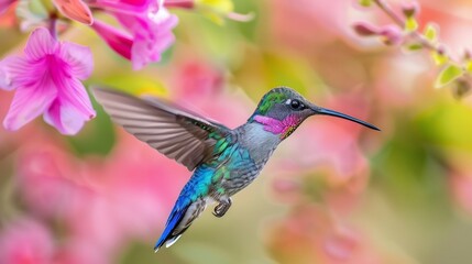 Obraz premium Violet crowned hummingbird hovering near bright pink flower iridescent plumage shimmering under natural sunlight blurred garden background