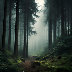 Fototapeta premium A foggy forest with trees disappearing into the mist