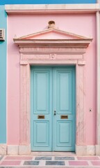 Fototapeta premium Pastel Pink Building with Teal Double Door