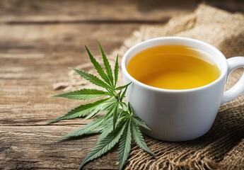 Cup of herbal tea with fresh green leaves on a rustic table.