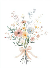 Small bouquet illustration, pastel flowers with ribbon, white space &mdash; soft shadow wedding or greeting card style